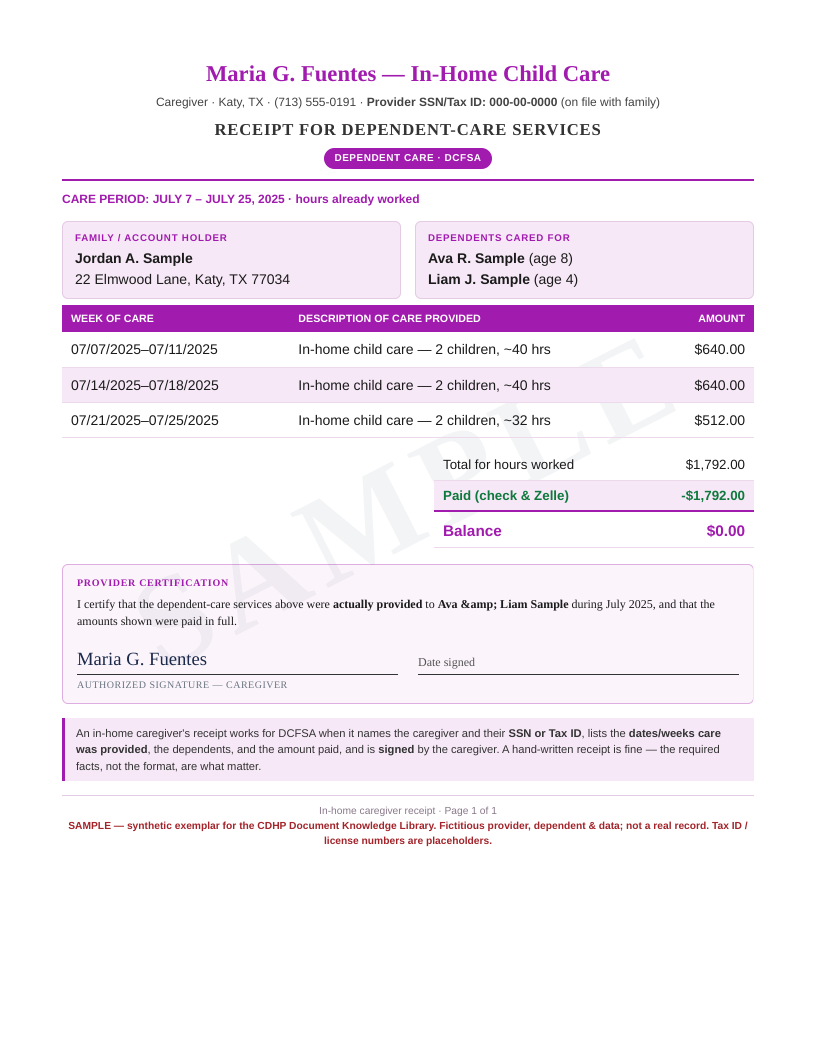 In-home caregiver — signed receipt preview