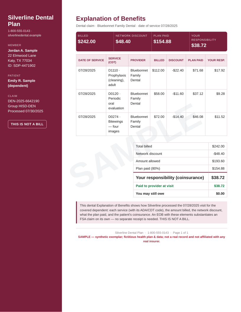 Dental EOB — cleaning, exam & x-rays preview