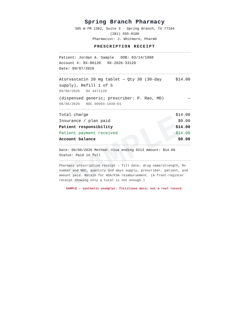 Prescription receipt (single fill) preview